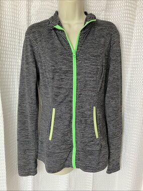 Lukka Striped Active Zip Hoodie Jacket Gray Black Neon Green Size Small